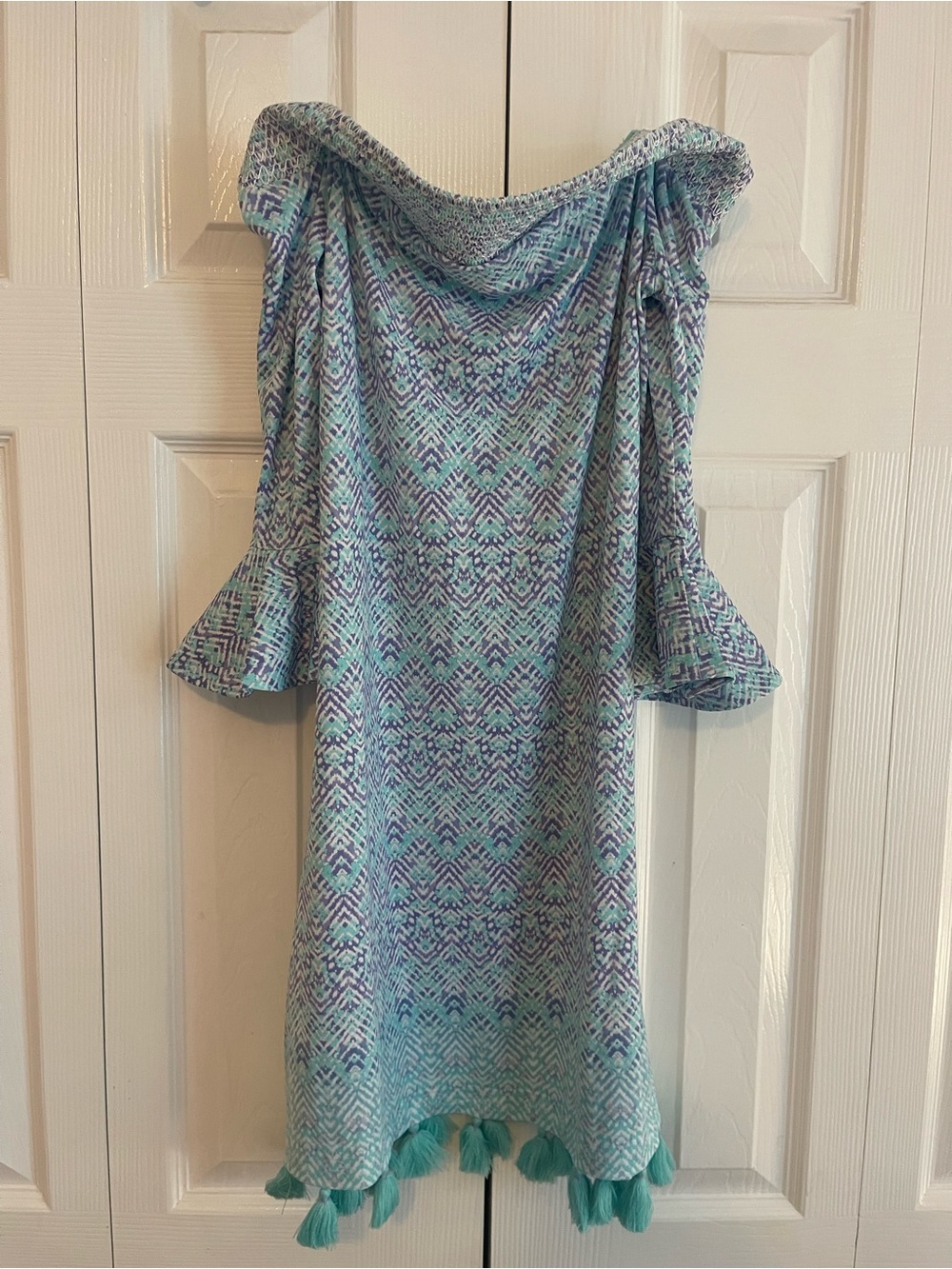 Cabana Life Teal & Purple One-Shoulder Tassel Dress